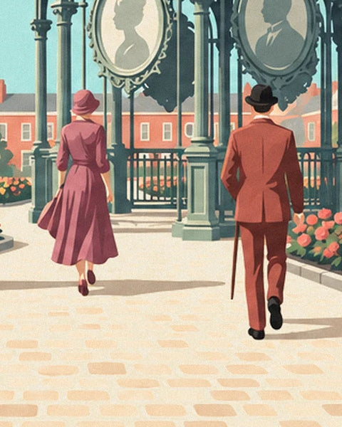 A woman in a mauve dress and a man in a brick-red suit outside the London toilets