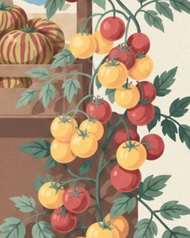 Bunches of red and yellow tomatoes among green leaves beside the crates