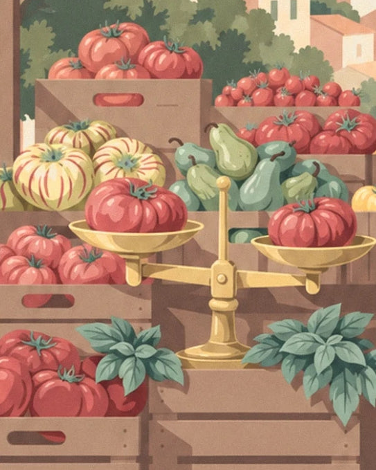 Red and striped ribbed tomatoes, green pears and golden scales on the stall