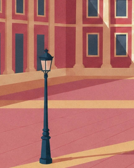 A black street lamp on the pink square, in front of the façade's windows