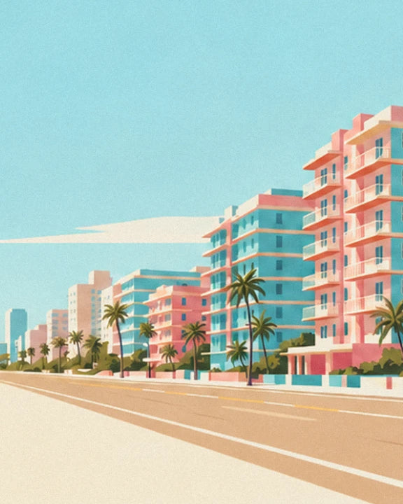 Ocean Drive stretching towards the horizon, lined with palm trees and pastel pink and turquoise buildings