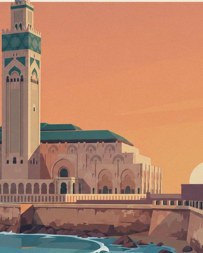 Hassan II Mosque by the ocean at sunset poster: close-up detail