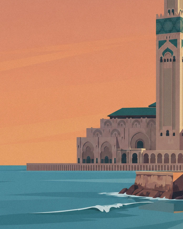 Hassan II Mosque by the ocean at sunset poster: close-up detail