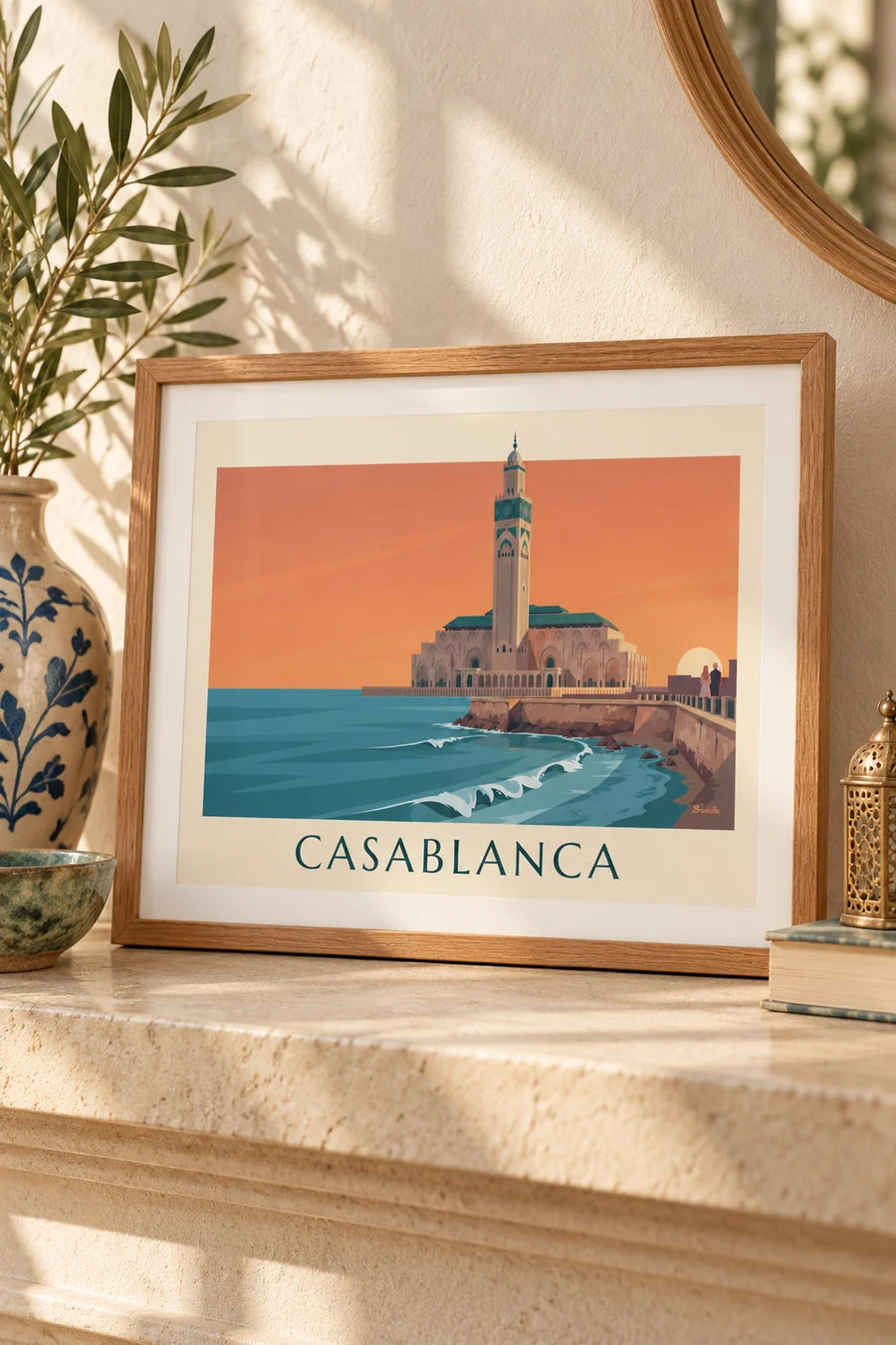 Poster of the Hassan II Mosque facing the ocean at sunset: small framed A4 size