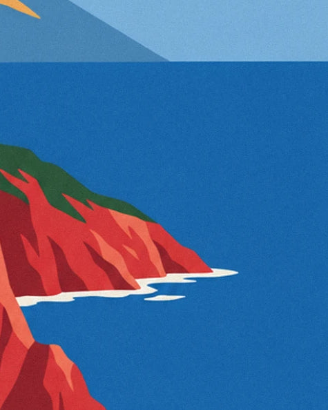 A red cliff topped with green scrub, plunging into the blue sea