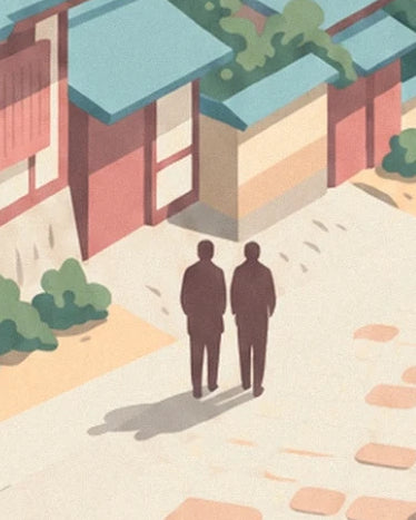 The 2 silhouettes and their long shadows in a bright alleyway in Kyoto