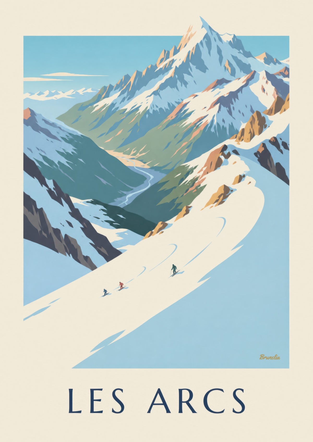 Affiche Les Arcs, Mont Blanc et piste de l'Aiguille Rouge
