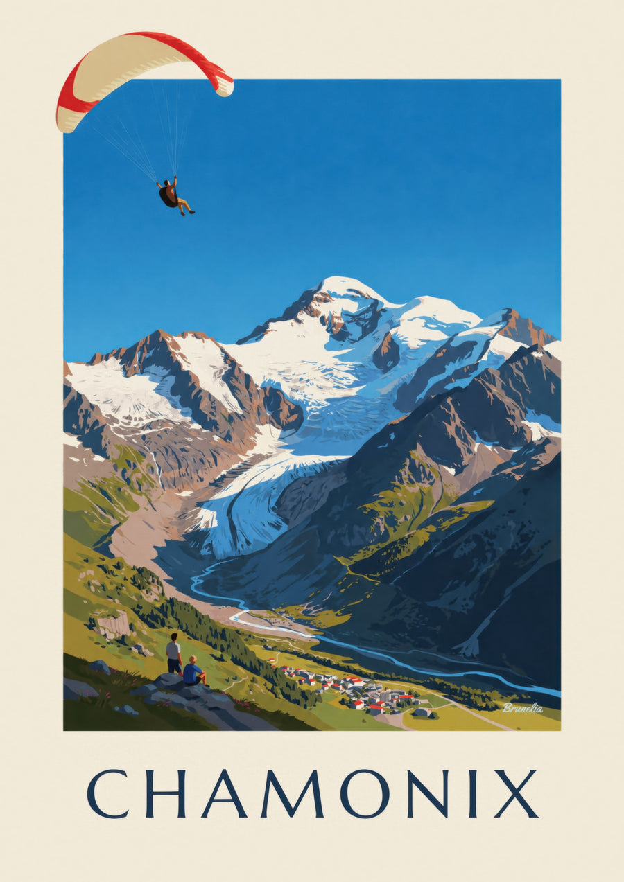 Plakát paraglidingu v Chamonix a Mont Blancu