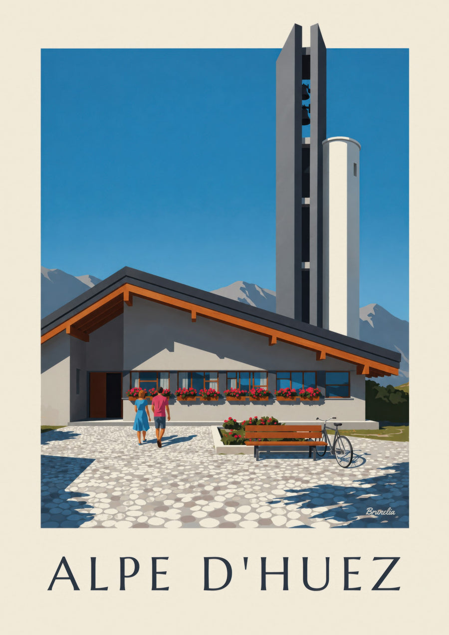 Plakát kostela Notre-Dame-des-Neiges v Alpe d'Huez
