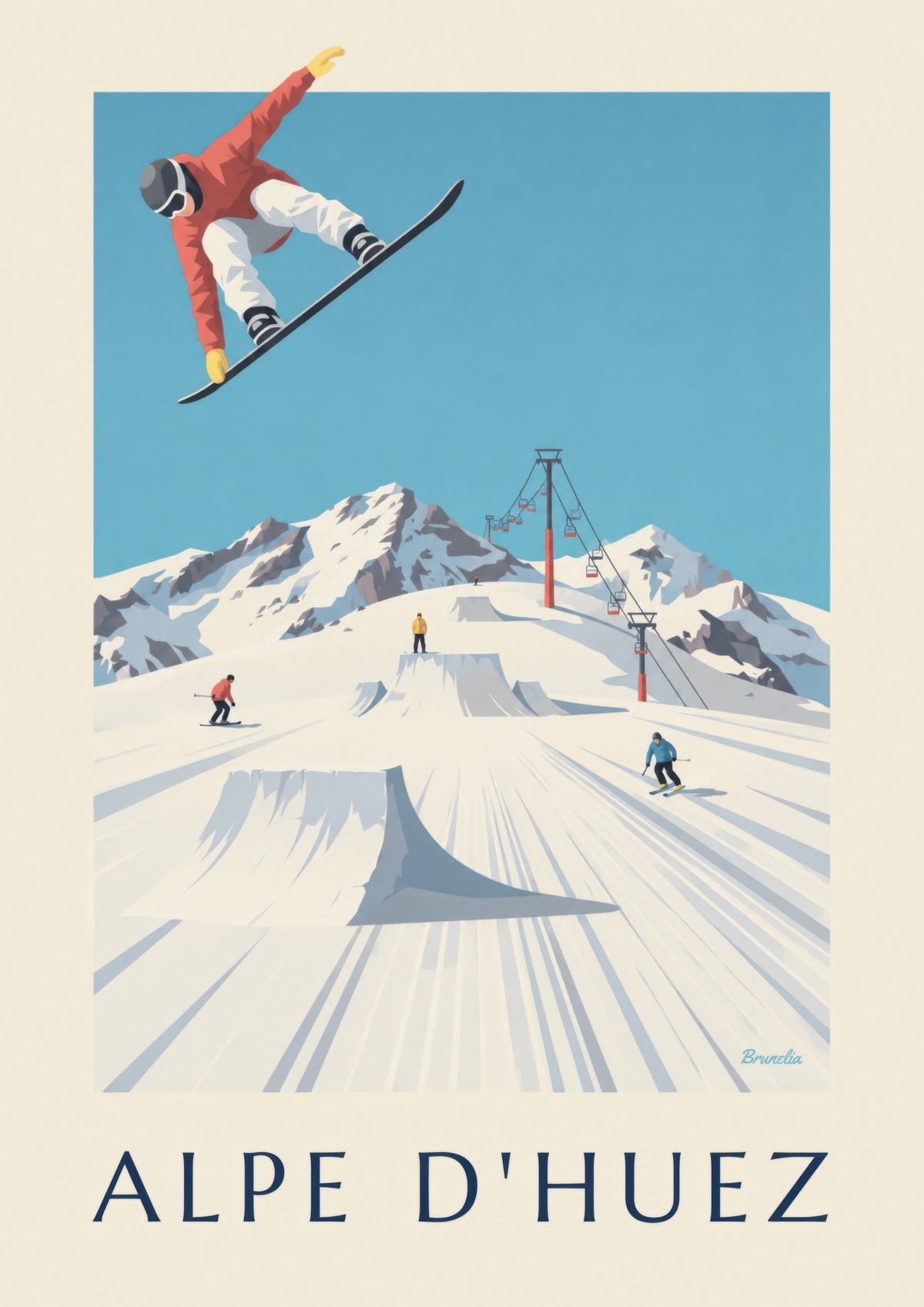 Plakát Alpe d'Huez s lyžaři a snowboardisty