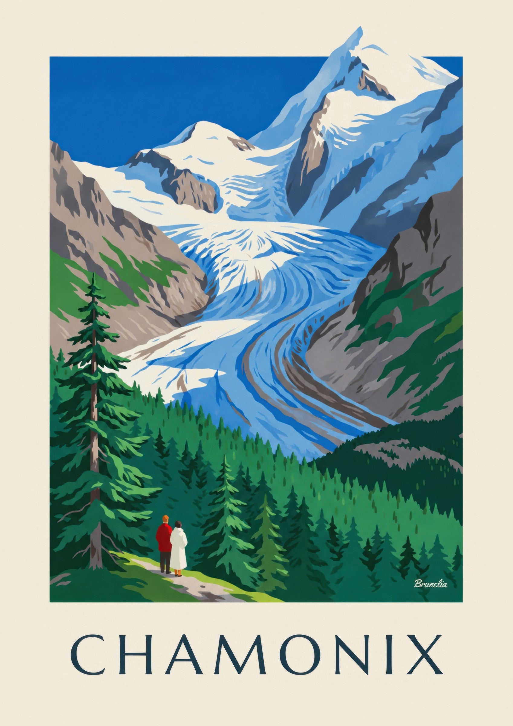 Plakát Chamonix, ledovec Bossons a Mont Blanc: detailní záběr