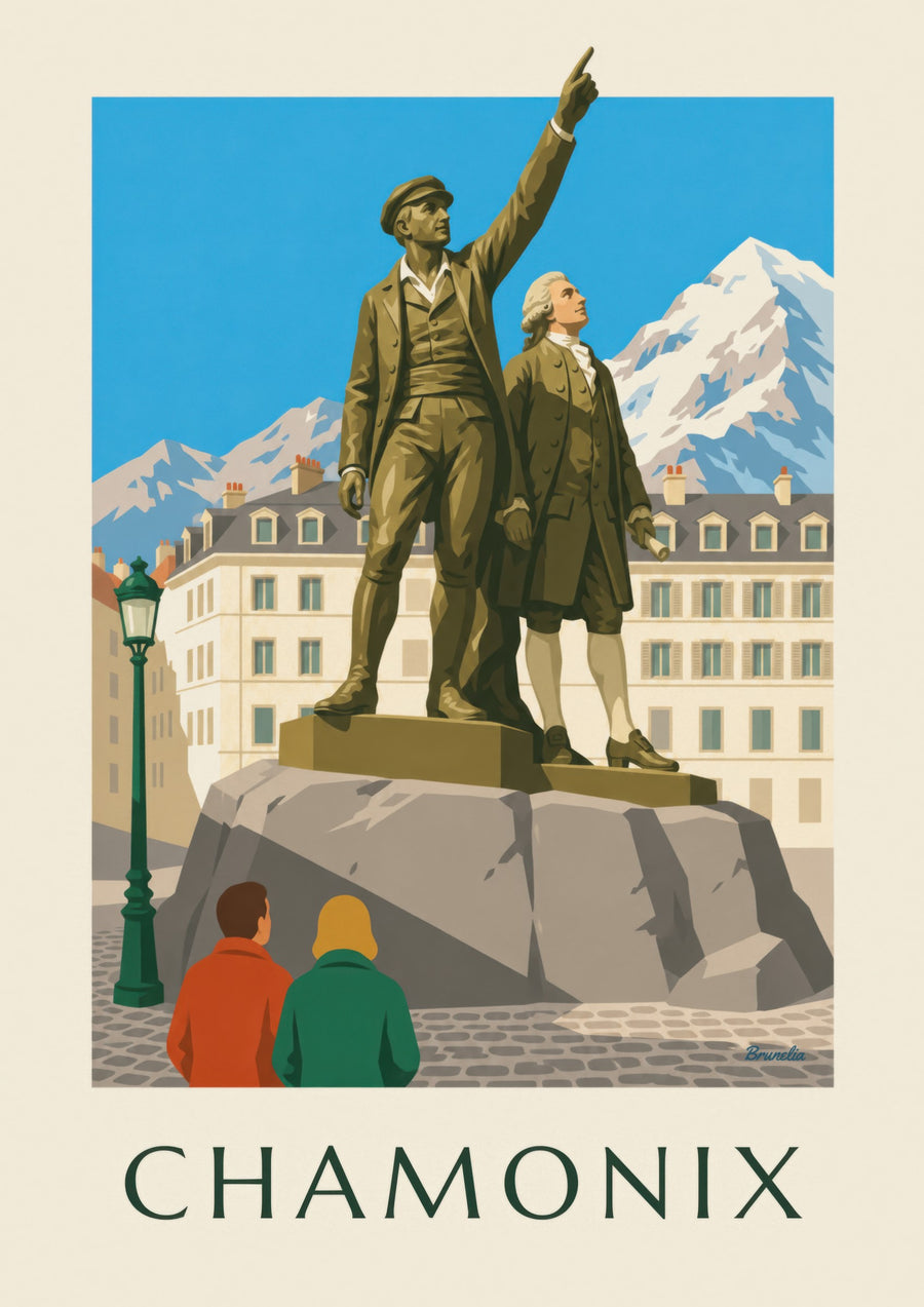 Plakát sochy Balmata a Saussura v Chamonix
