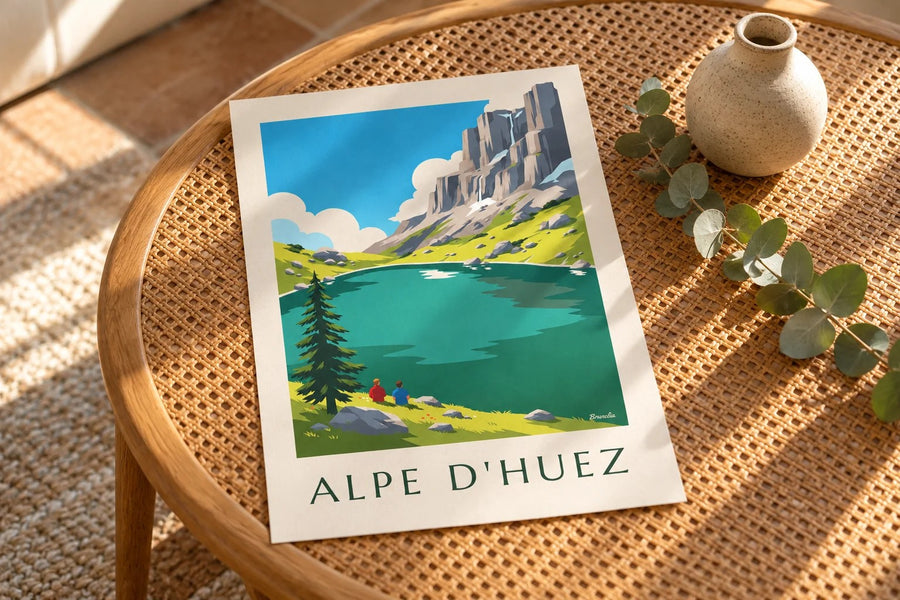 Plakát jezera Besson u Alpe d'Huez v létě : położený na stole