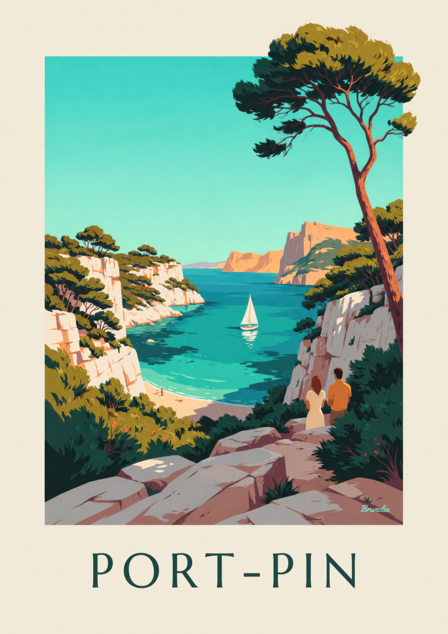 Affiche calanque de Port-Pin et voilier: detailní záběr