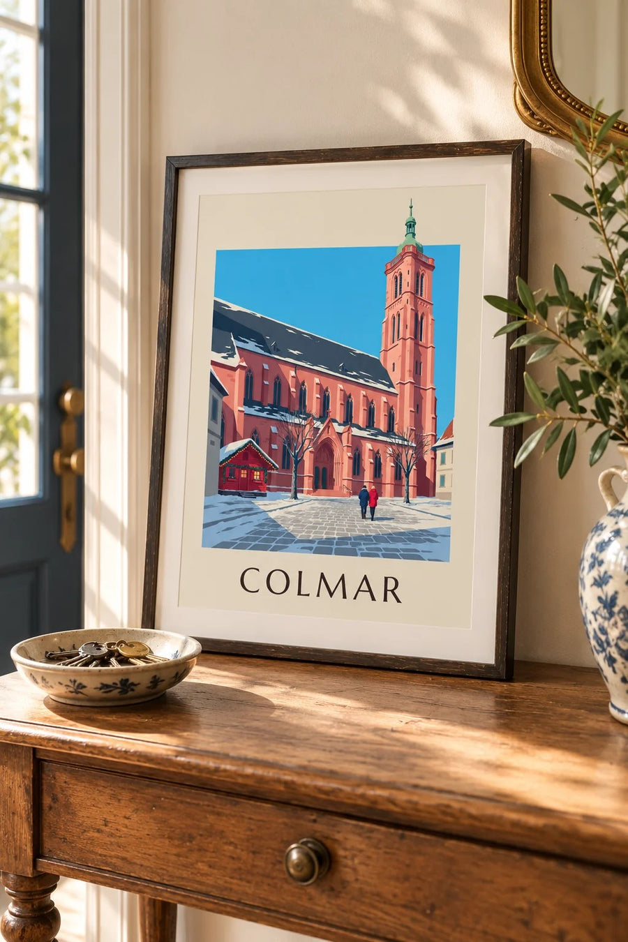 Affiche collégiale Saint-Martin de Colmar en hiver : petit format A4 encadré
