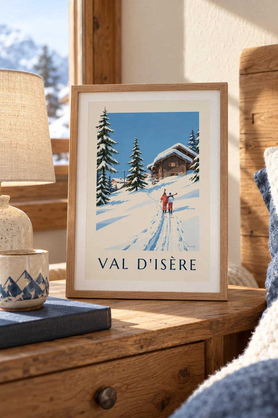 Affiche Val d'Isère, skieurs dans la neige : petit format A4 encadré