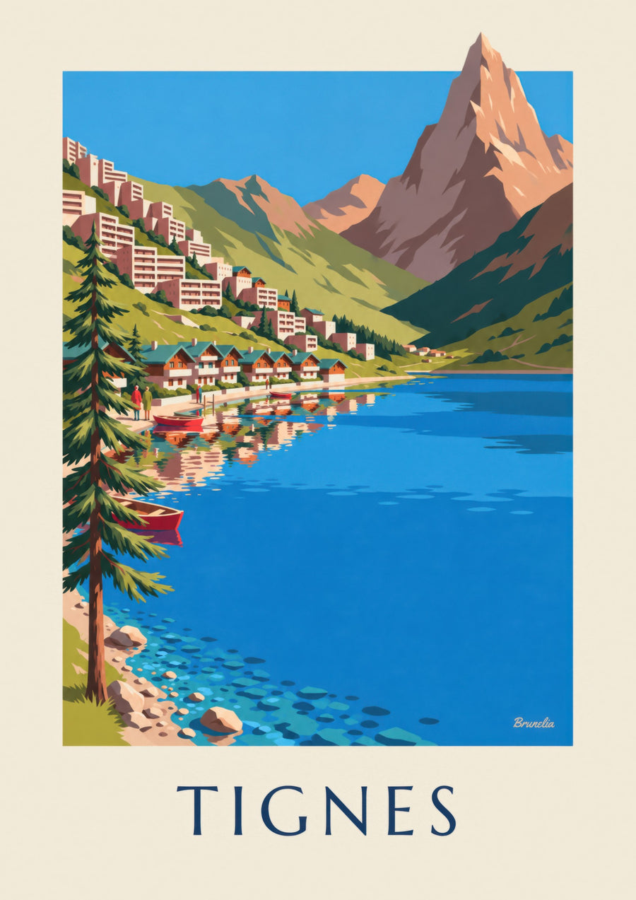 Plakát Tignes, jezero a Tignes-Le Lac v létě