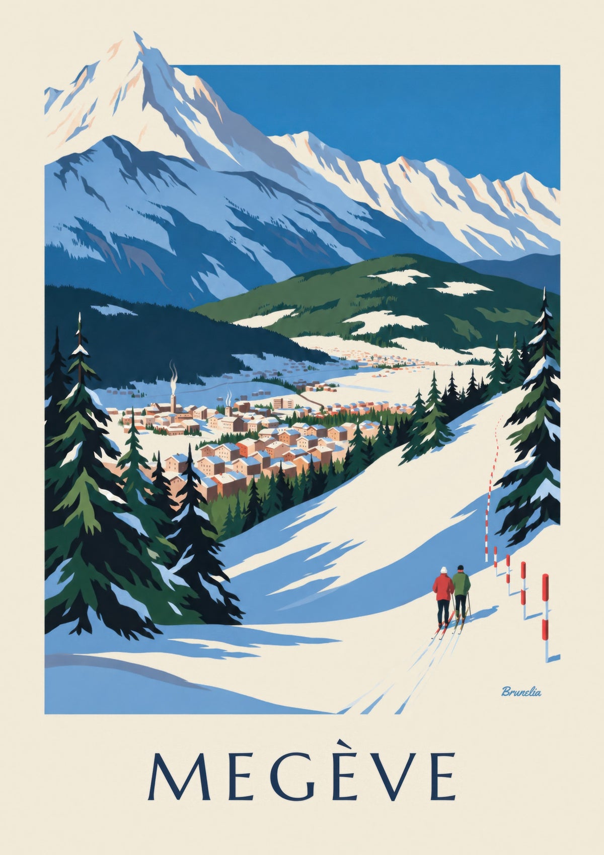 Plakát Megève, lyžařské svahy s výhledem na Mont Blanc