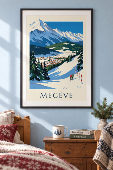 Plakát Megève, lyžařské svahy s výhledem na Mont Blanc : v rámu na zdi