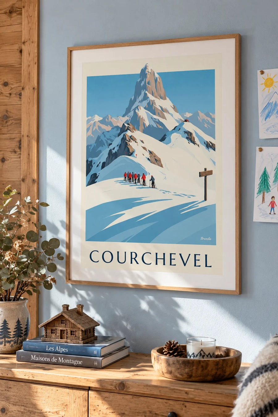 Affiche Courchevel, skieurs face à la Vanoise : encadrée au mur