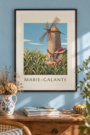Plakát Guadeloupe, mlýn Bézard na ostrově Marie-Galante : v rámu na zdi
