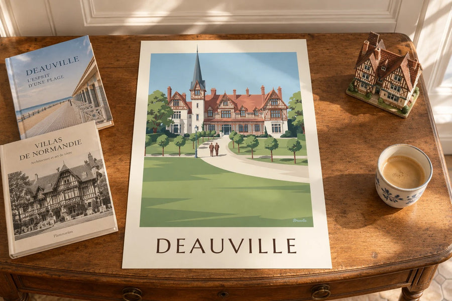 Affiche Deauville villa Strassburger à colombages : posée sur une table