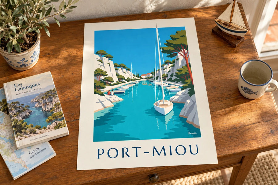 Affiche calanque de Port-Miou et voiliers : posée sur une table