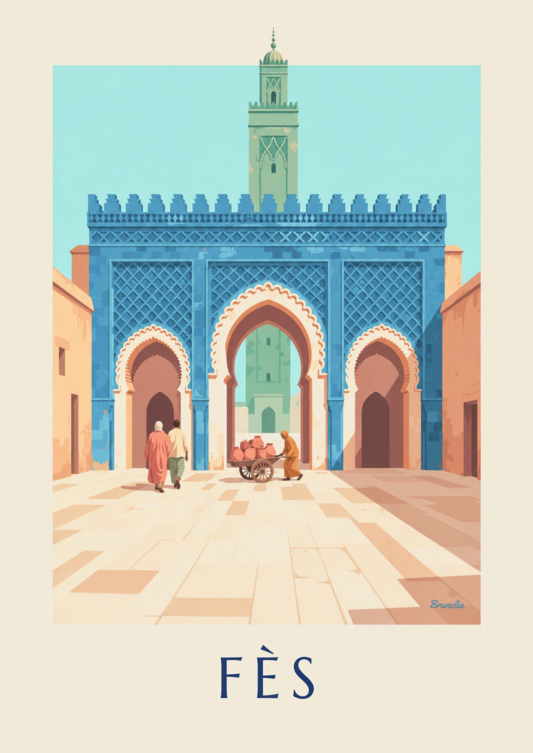 Affiche Bab Bou Jeloud de Fès, zelliges bleus: detailní záběr