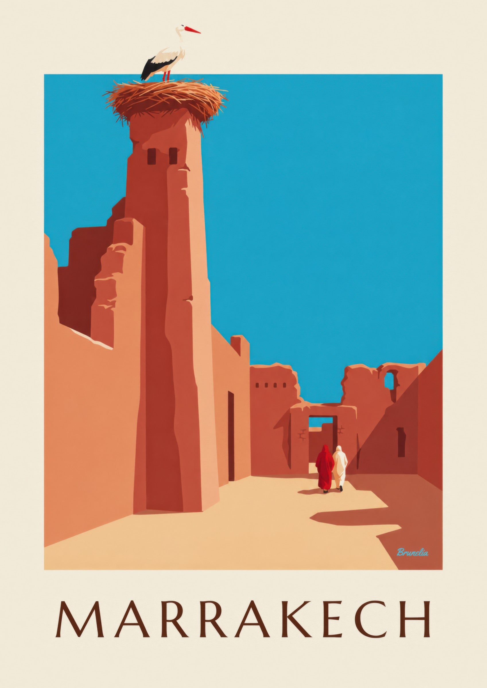 Affiche cigogne sur les remparts d’El Badi à Marrakech: detailní záběr