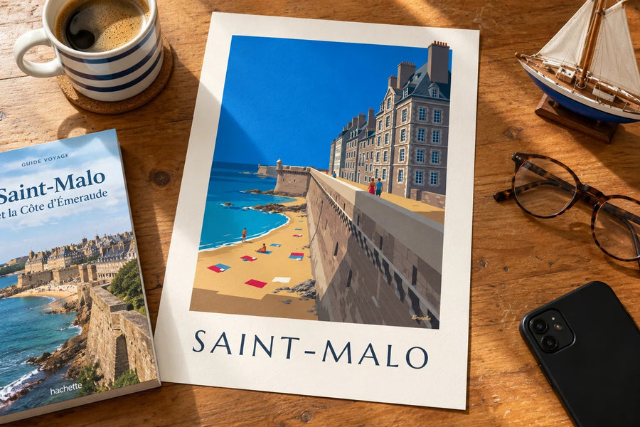 Affiche remparts de Saint-Malo et plage : posée sur une table