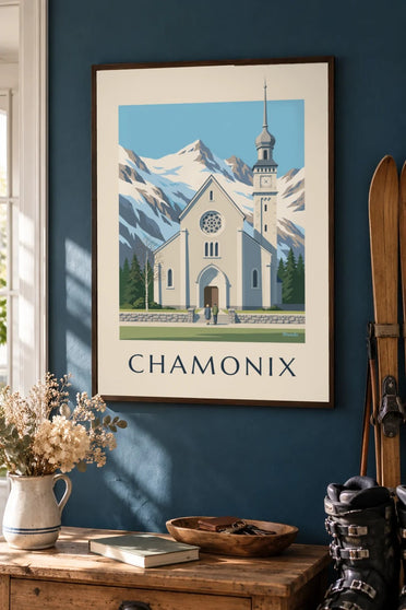 Plakát kostela Saint-Michel v Chamonix : v rámu na zdi