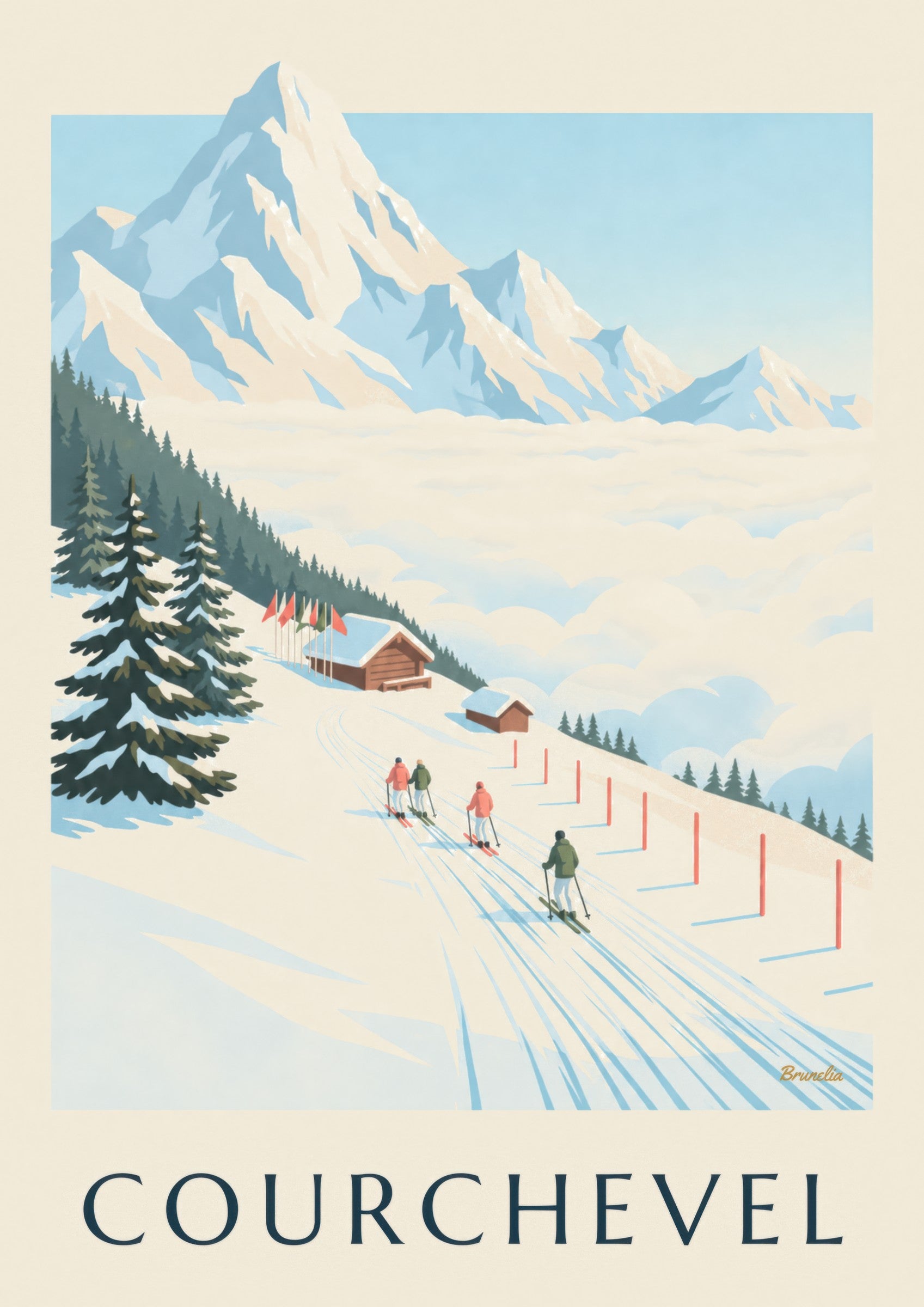 Affiche pistes de Courchevel face au Mont-Blanc: detailní záběr