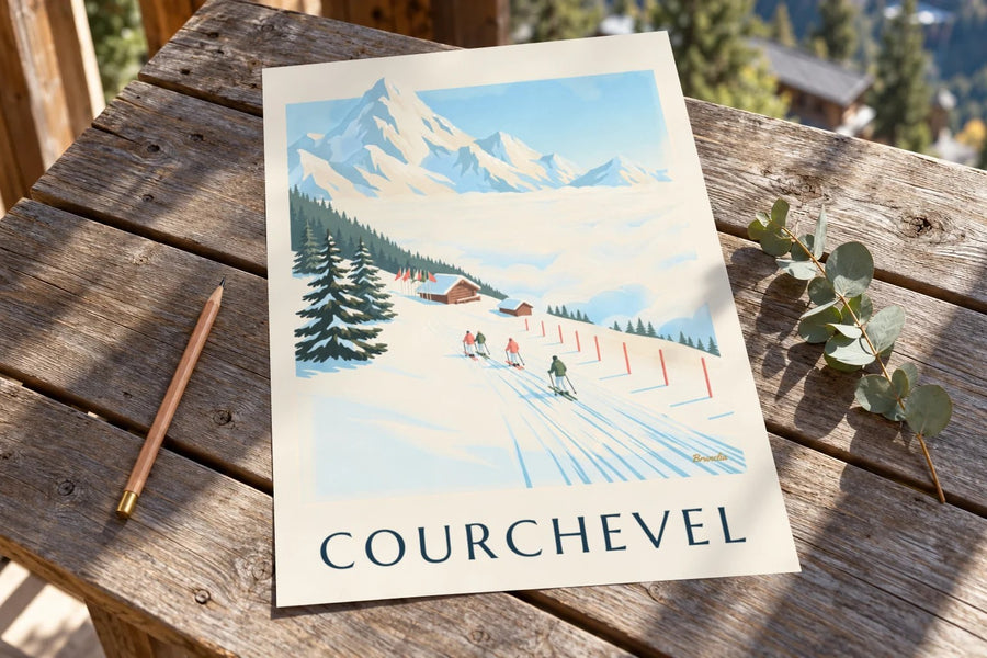 Affiche pistes de Courchevel face au Mont-Blanc : posée sur une table
