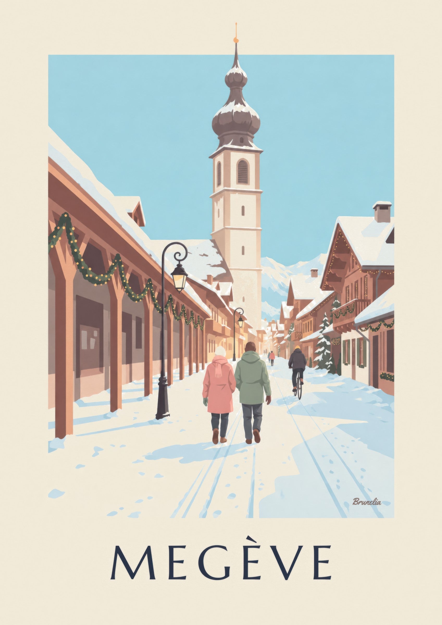 Affiche Megève, rue piétonne et clocher: detailní záběr