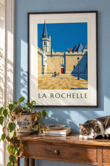 Plakát gotické radnice v La Rochelle : v rámu na zdi