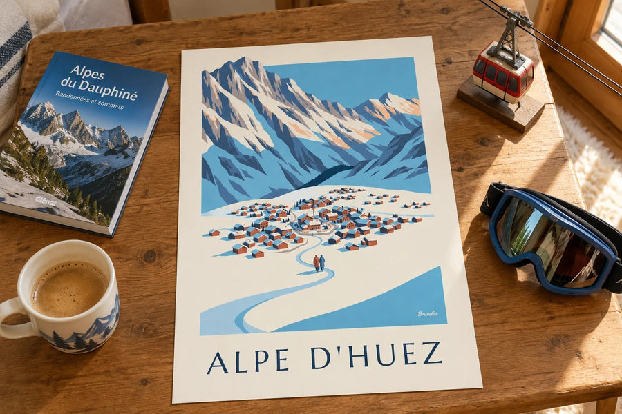 Plakát Alpe d’Huez z vrcholu Pic Blanc v zimě : położený na stole