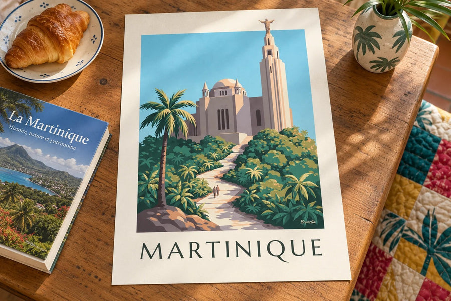 Plakát Martiniku s kostelem Sacré-Cœur de Balata : położený na stole