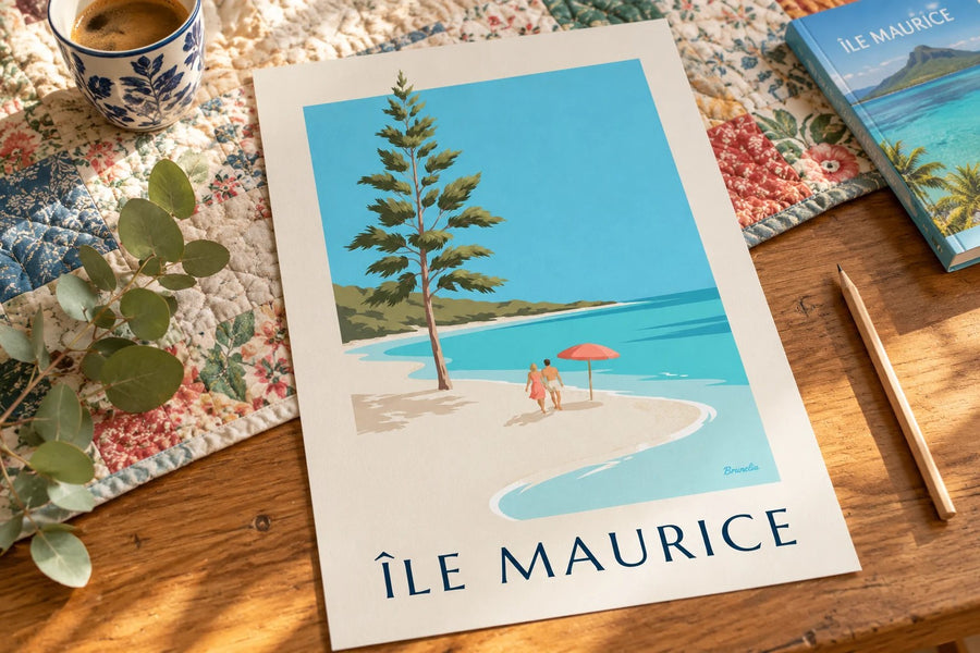Plakát Mauricius, pláž Blue Bay (název ÎLE MAURICE) : położený na stole