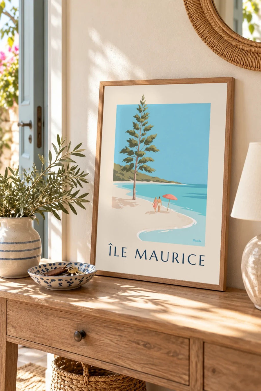Plakát Mauricius, pláž Blue Bay (název ÎLE MAURICE) : malý formát A4 v rámu