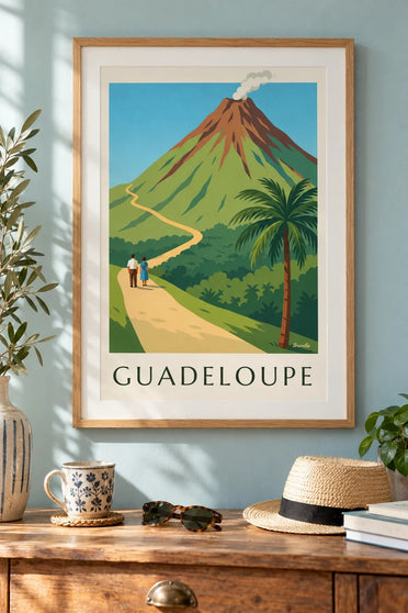 Plakát Guadeloupe, sopka La Soufrière : v rámu na zdi