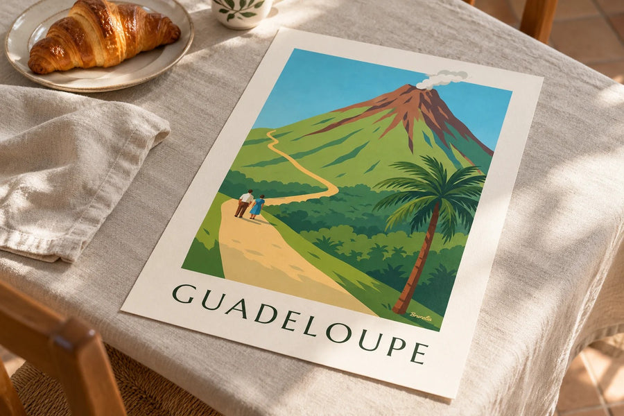 Plakát Guadeloupe, sopka La Soufrière : położený na stole