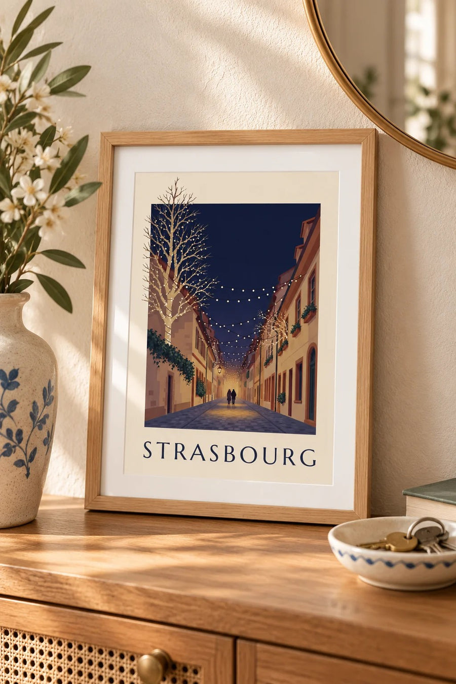 Affiche ruelle de Strasbourg illuminée pour Noël : petit format A4 encadré