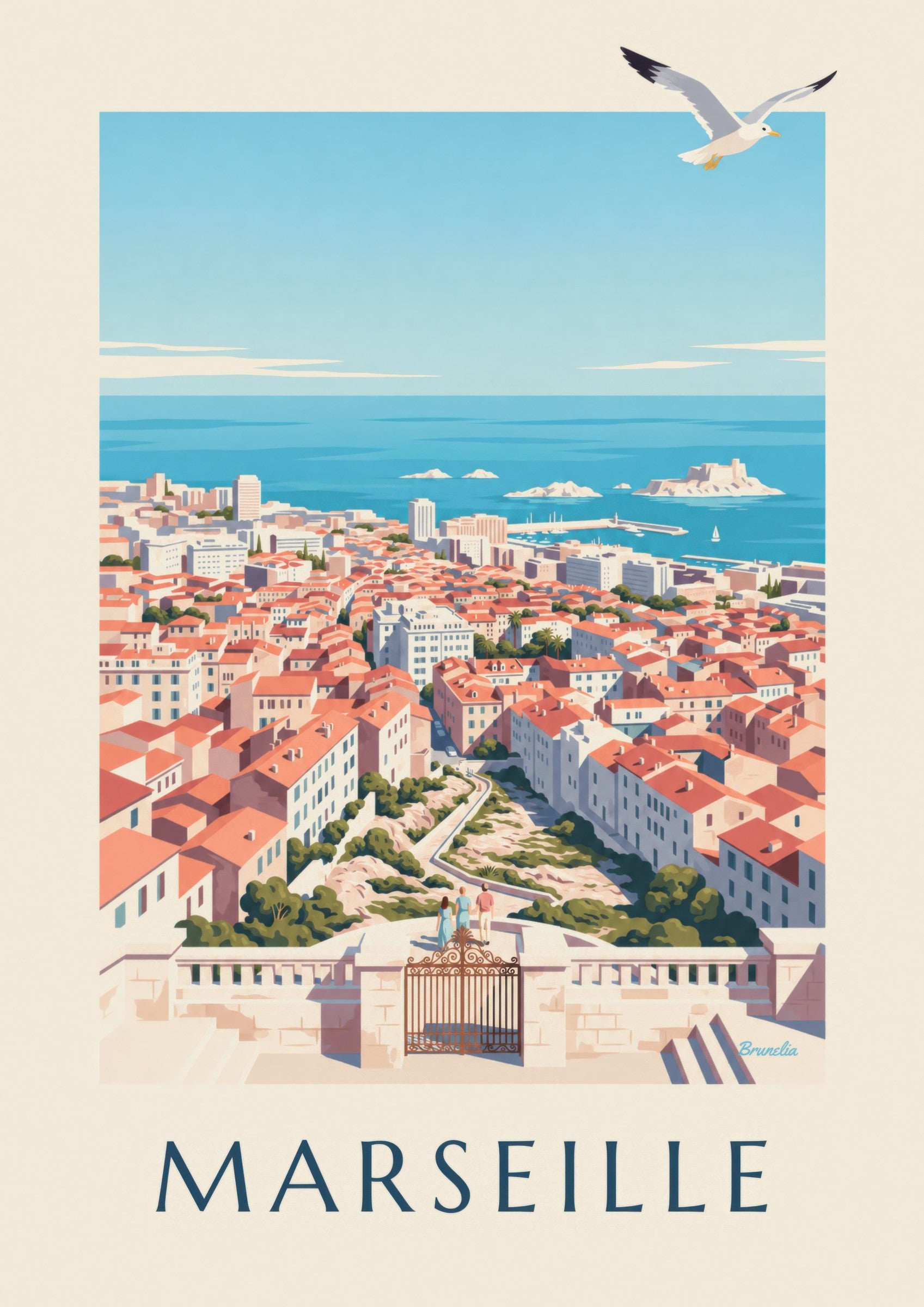Plakát s výhledem na Marseille z Notre-Dame-de-la-Garde: detailní záběr