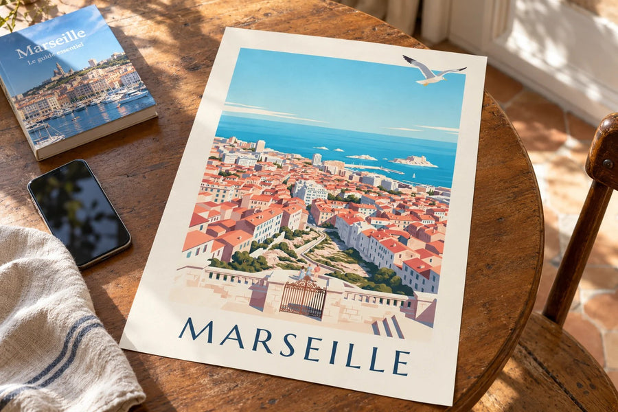 Plakát s výhledem na Marseille z Notre-Dame-de-la-Garde : położený na stole
