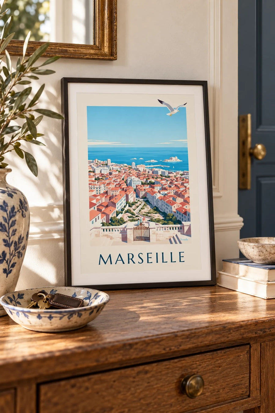 Plakát s výhledem na Marseille z Notre-Dame-de-la-Garde : malý formát A4 v rámu
