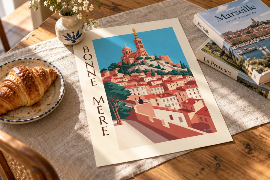 Plakát Notre-Dame-de-la-Garde v Marseille : położený na stole