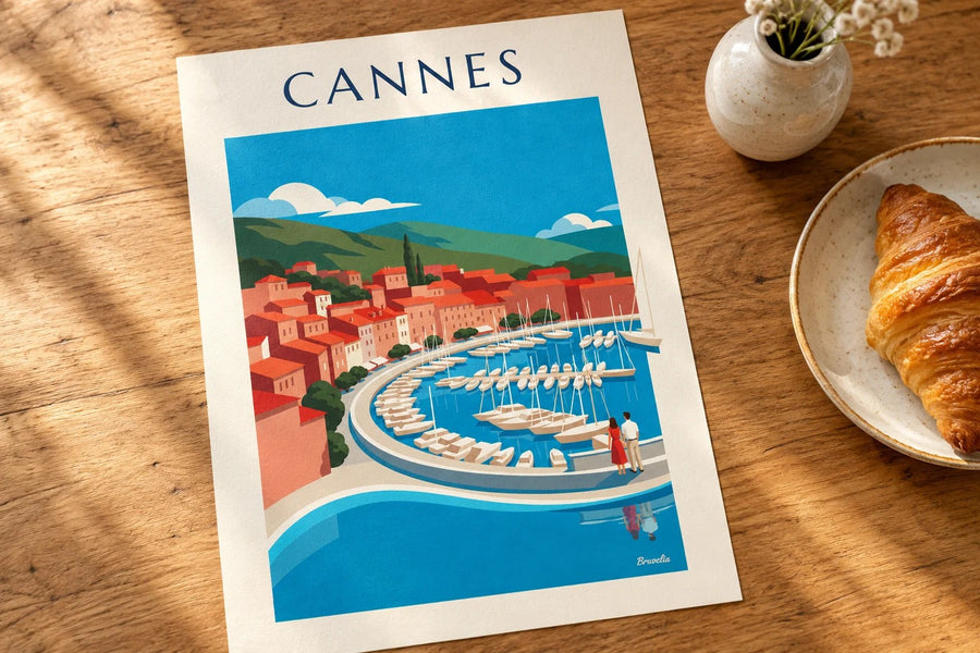 Plakát canneského zálivu z čtvrti Le Suquet : położený na stole