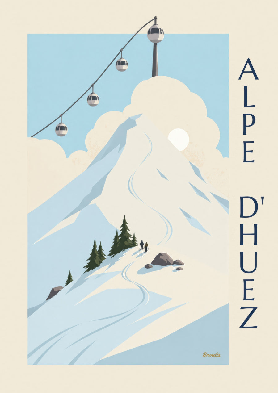 Affiche Alpe d'Huez, cabines œuf au-dessus des pistes