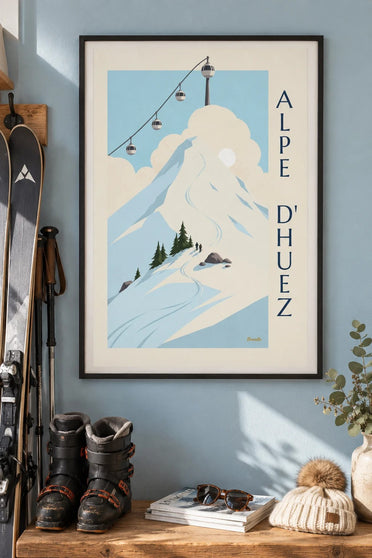 Plakát Alpe d'Huez, kabiny ve tvaru vajíčka nad sjezdovkami : v rámu na zdi
