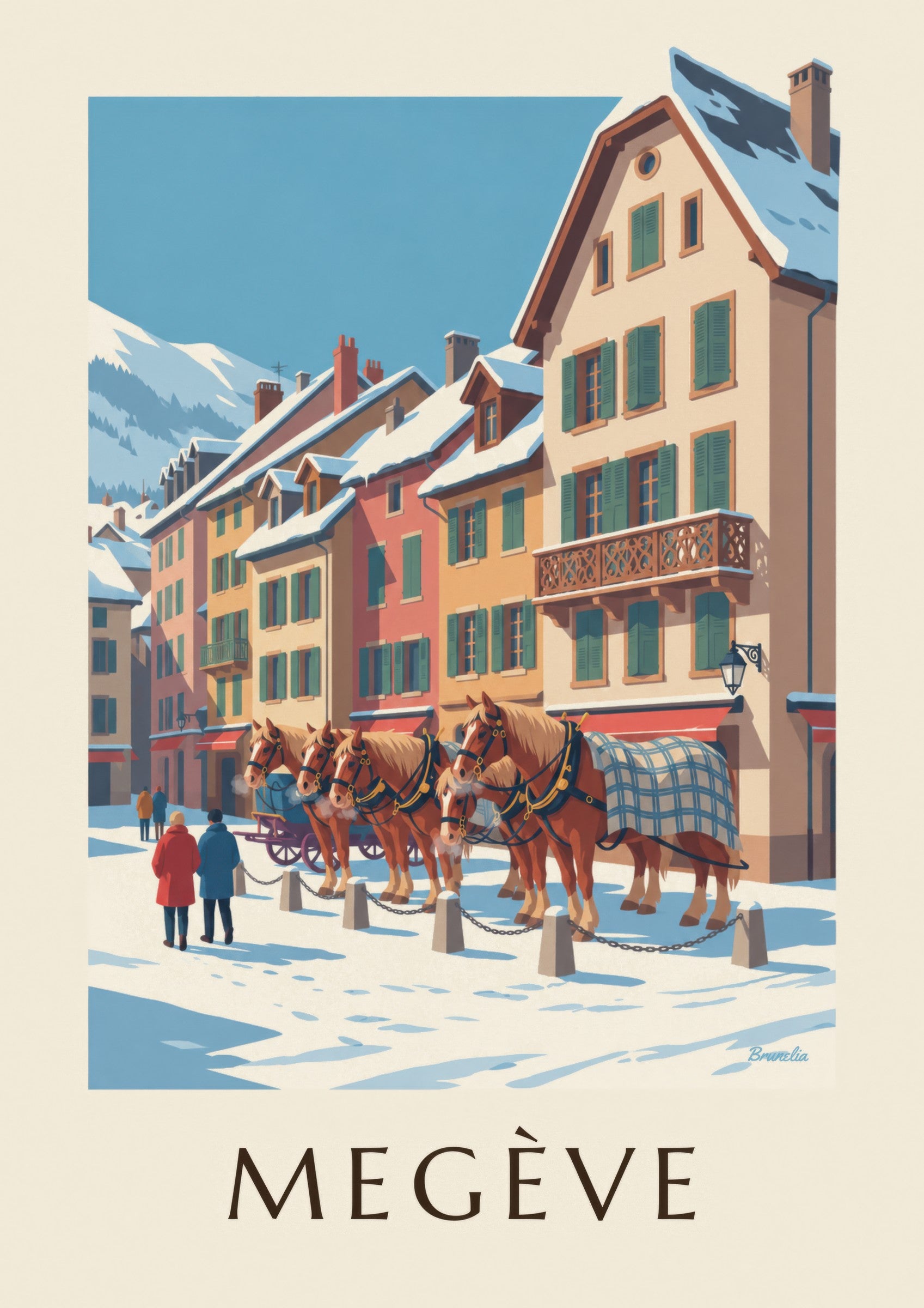 Affiche Megève, chevaux de calèche en hiver: detailní záběr